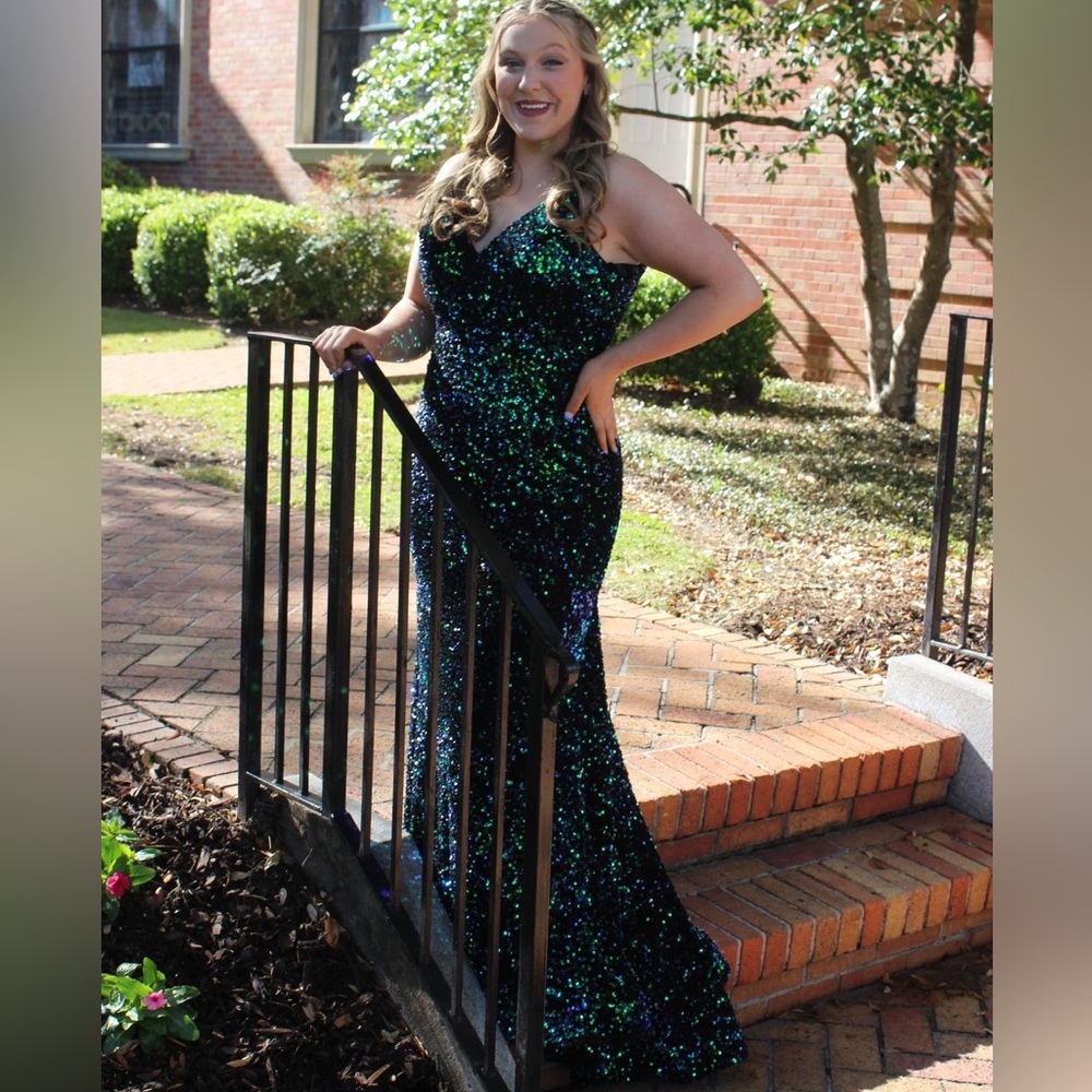 Peacock colored prom dress